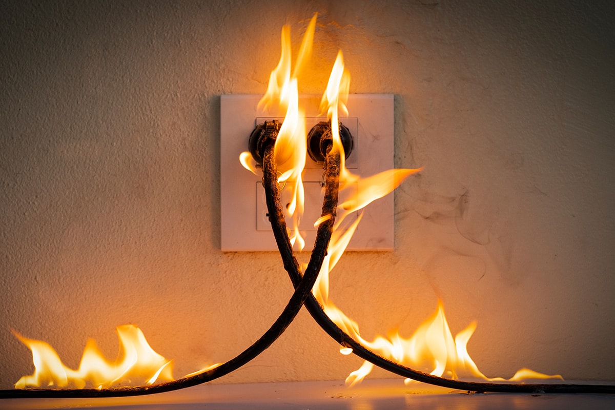 Electrical power socket and wires on fire