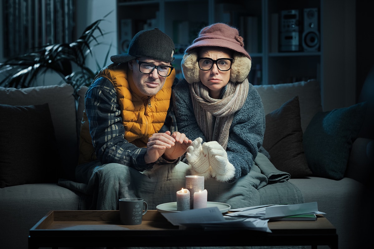 couple in winter clothes sing candles for warmth